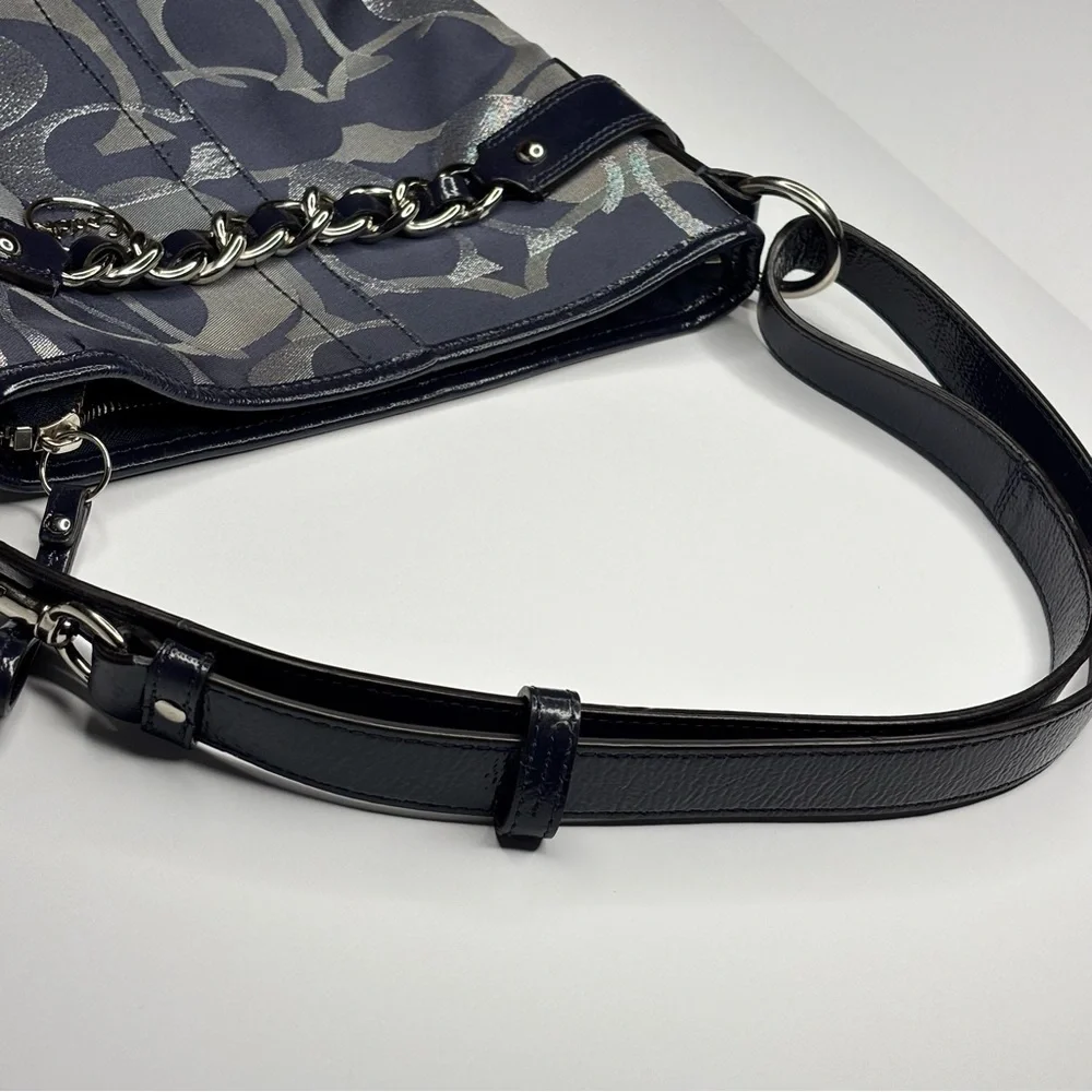 Coach Shoulder Bag Purse Moto Optic Metallic Chain Navy Blue Signature Jaquard
